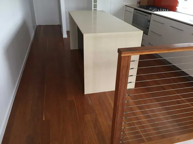 Old polish sanded off to be refinished in a water-based 2-pack satin timber floor, Gold Coast (view 3)