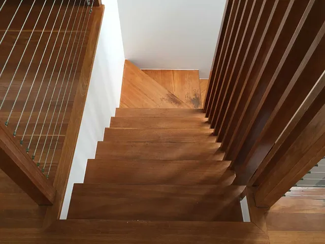 Old polish sanded off to be refinished in a water-based 2-pack satin timber floor, Gold Coast (view 2)