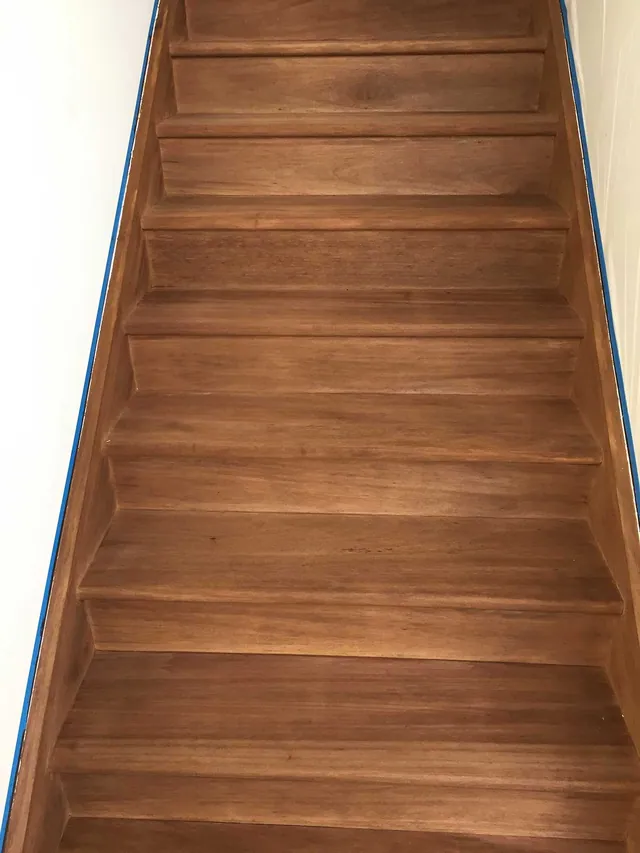 Timber stairs full sand back to bare timber with a Feast Watson walnut direct stain with a polyurethane semi gloss finish (view 3)