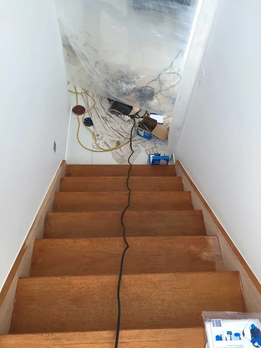 Timber stairs full sand back to bare timber with a Feast Watson walnut direct stain with a polyurethane semi gloss finish