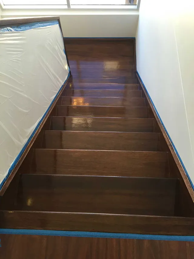 Timber stairs full sand back to bare timber with a Feast Watson walnut direct stain with a polyurethane semi gloss finish (view 4)