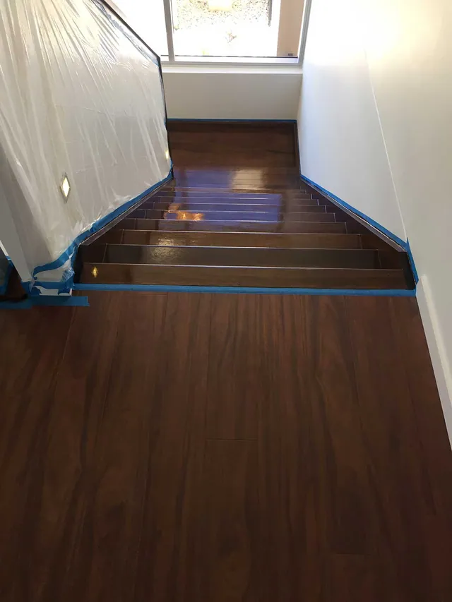 Timber stairs full sand back to bare timber with a Feast Watson walnut direct stain with a polyurethane semi gloss finish (view 5)